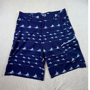 Huk Fishing Men 36 Performance Blue Fish Print  Cargo Outdoor Athleisure Shorts